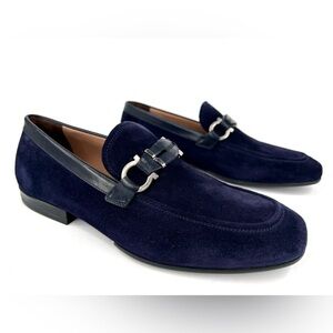 Salvatore Ferragamo Tucker Navy Blue Suede Leather Gancini Loafers US 6 - EU 40